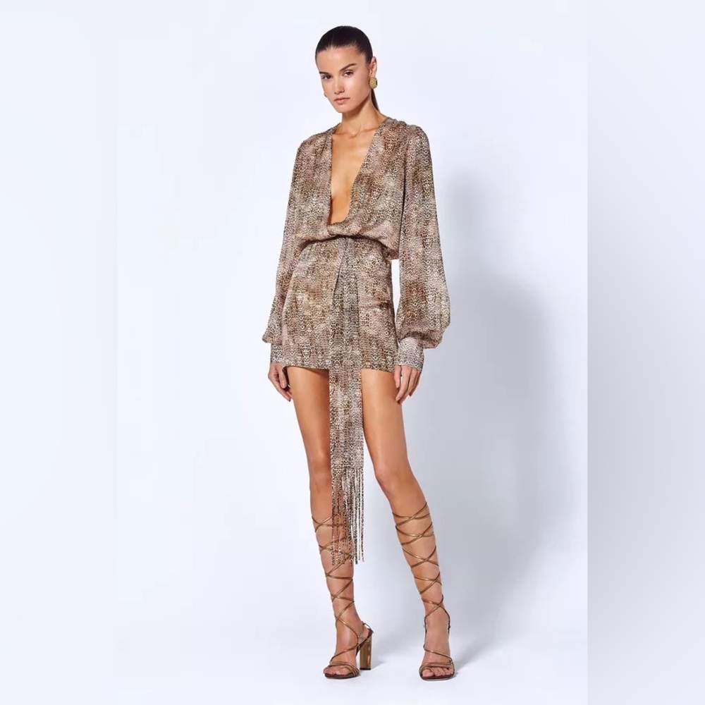 ALEXIS Intermix *Dula* leopard print sheath dress w fringe belt L